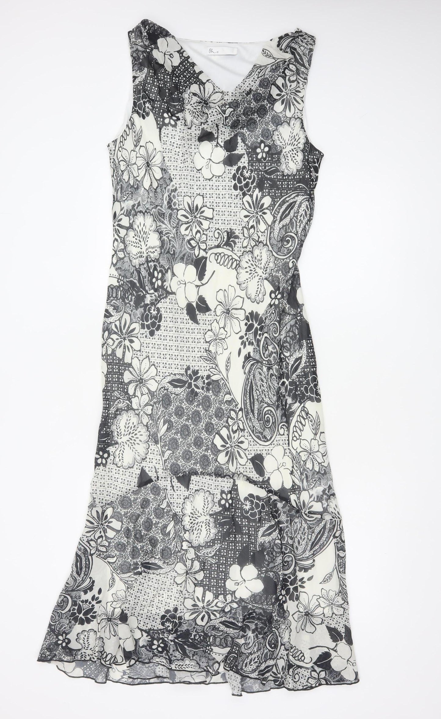 BHS Women’s Black Floral Sleeveless Fit & Flare Knee Length Dress Size 14
