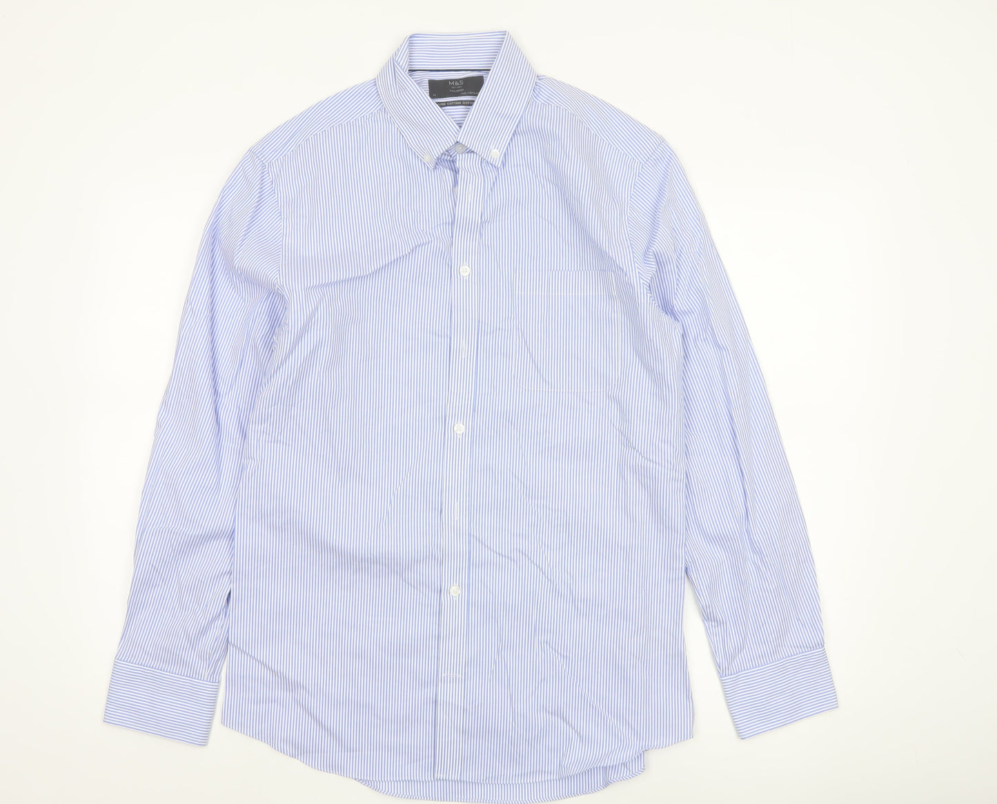 Marks and Spencer Men's Blue Striped Tailored Oxford Cotton Shirt M
