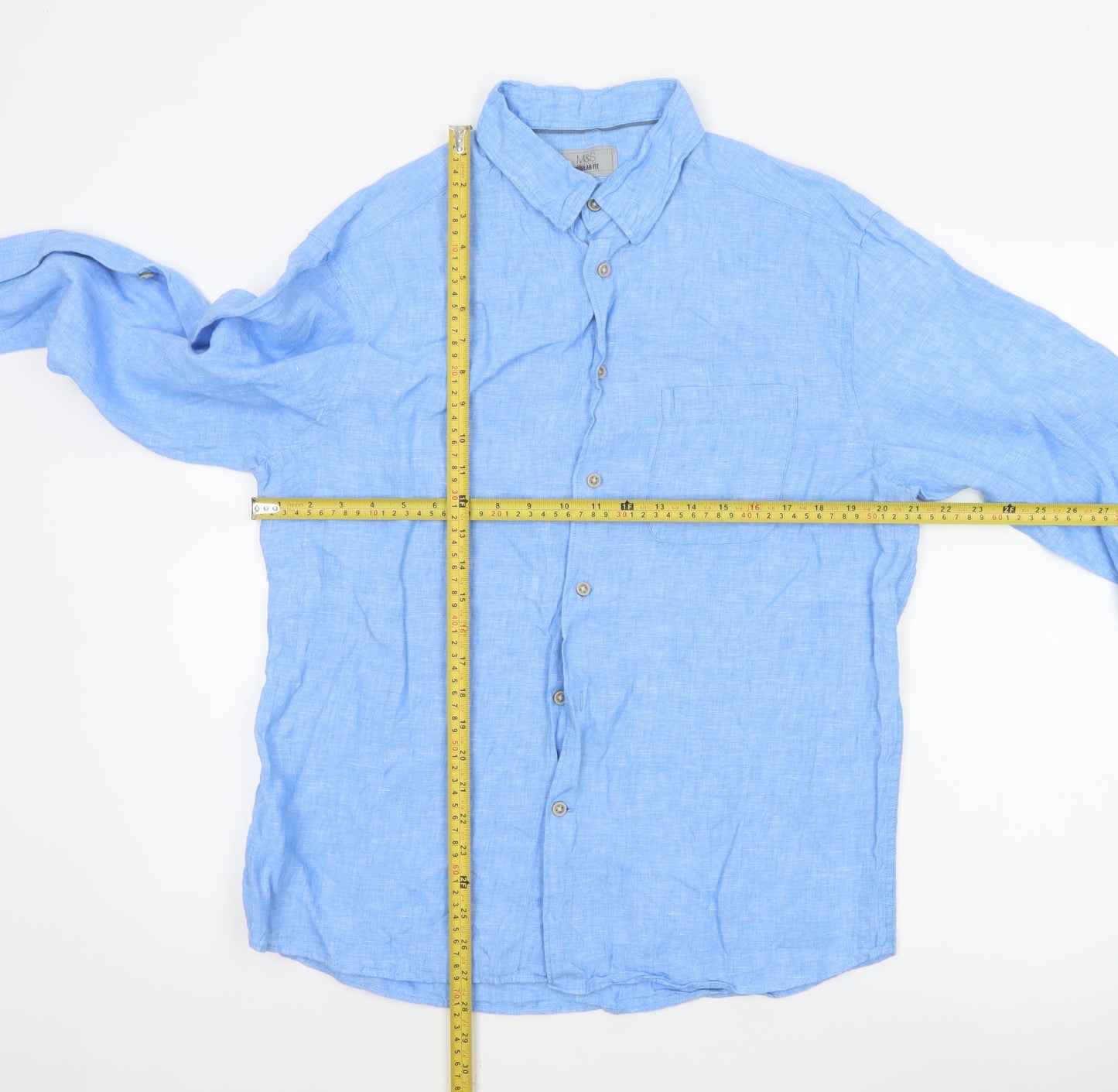 Marks and Spencer Men's Blue Regular Fit Pure Linen Shirt M