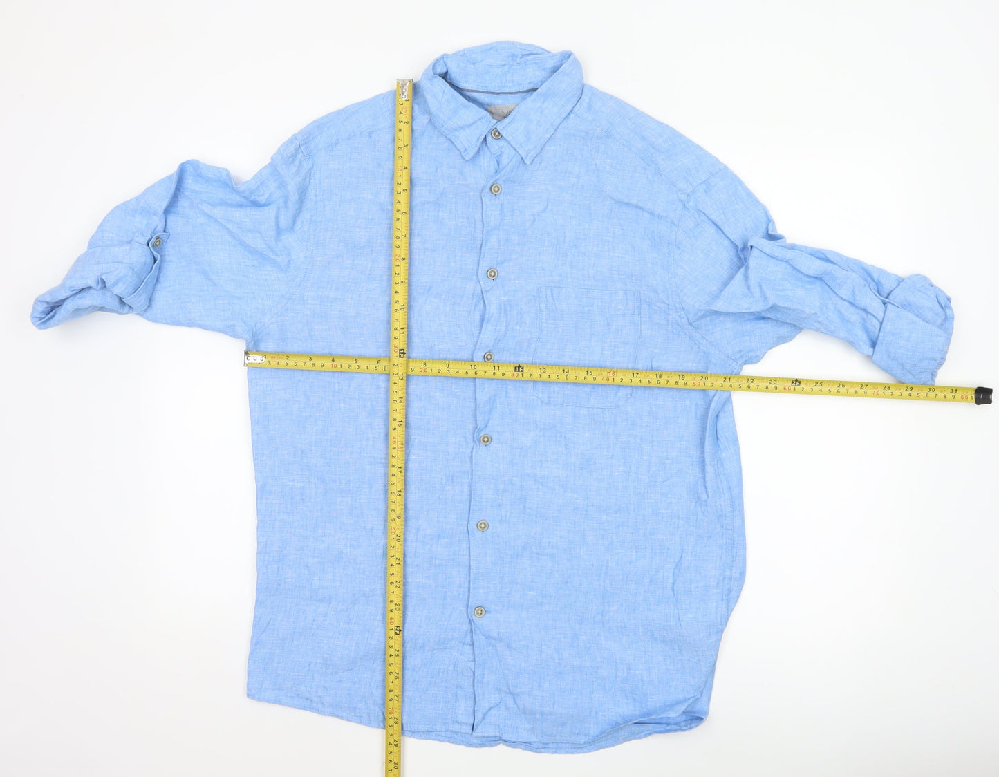 Marks and Spencer Men Blue Linen Regular Fit Long Sleeve Shirt M