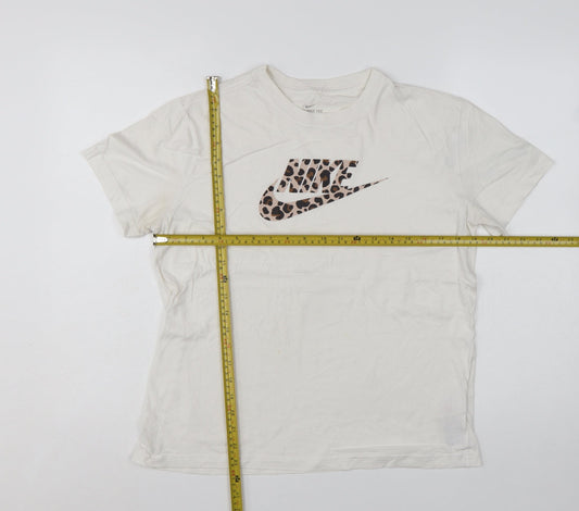 Nike Girls White Leopard Print Logo T-Shirt XL Loose Fit Sports Top