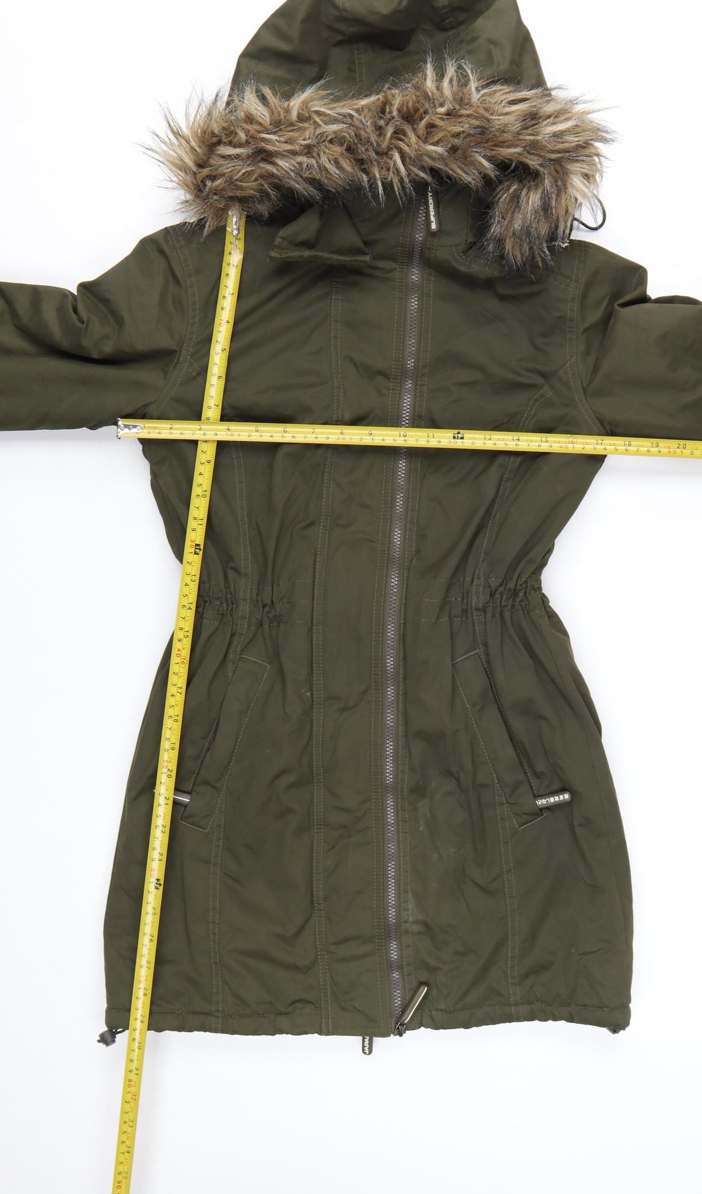 Superdry Womens Green Long Parka Coat S Hooded Faux Fur Trim Winter Jacket