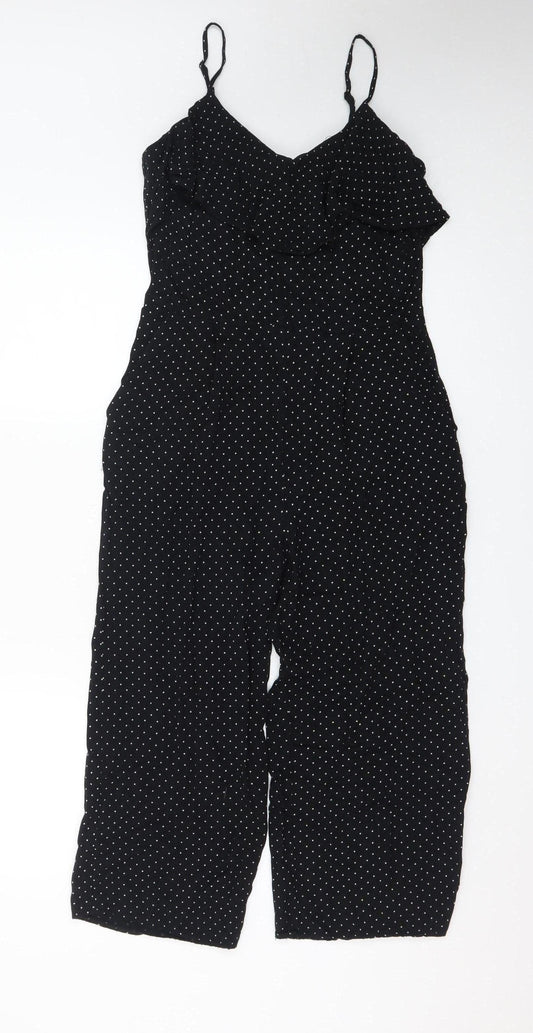 Oasis Women’s Black Polka Dot Ruffle Sleeveless Jumpsuit Size 8