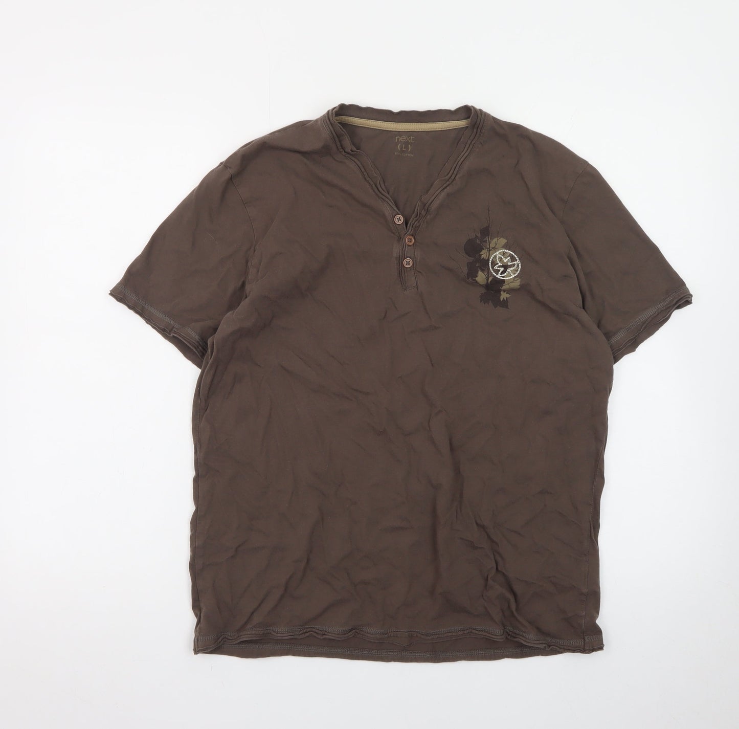 Next Men's Brown Henley Short Sleeve Graphic Cotton T-Shirt Size L
