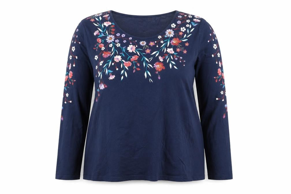 Front view of Atlas For Women Blue Floral Embroidered Cotton Long Sleeve T-Shirt UK 16-18