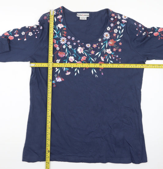 Atlas For Women Blue Floral Embroidered Cotton Long Sleeve T-Shirt UK 16-18