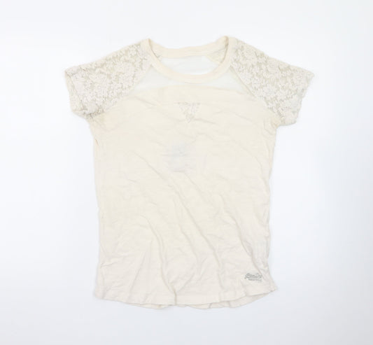 Superdry Women's Beige Lace Sleeve Short Sleeve T-Shirt Medium