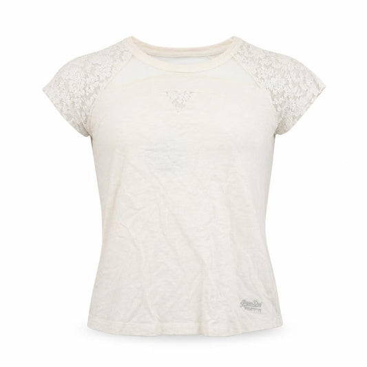 Superdry Women's Beige Lace Sleeve Short Sleeve T-Shirt Medium