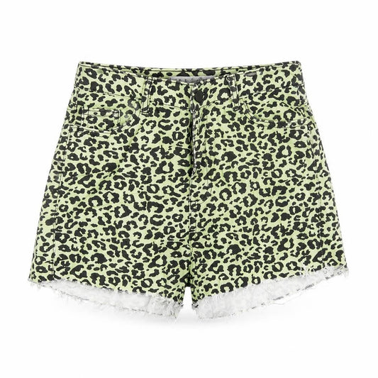Front view of Denim Co. Women’s Green Leopard Print Cut-Off Shorts, size UK 12