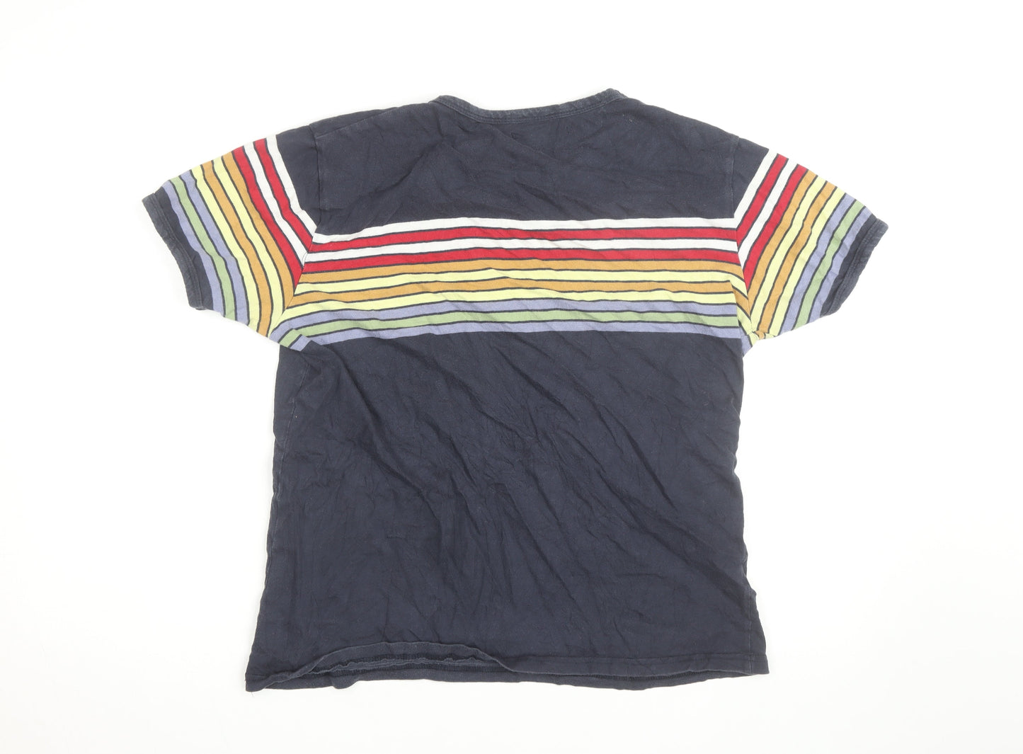 Run & Fly Men's Navy Rainbow Stripe Crew Neck Cotton T-Shirt Size L