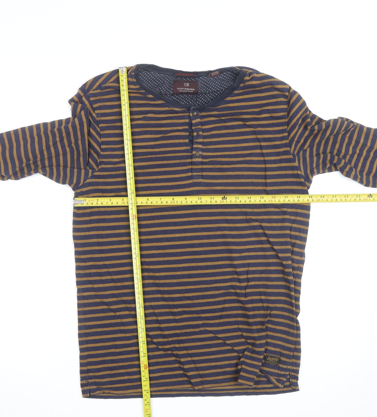Scotch & Soda Men’s Blue Striped Henley Long Sleeve Cotton Top M