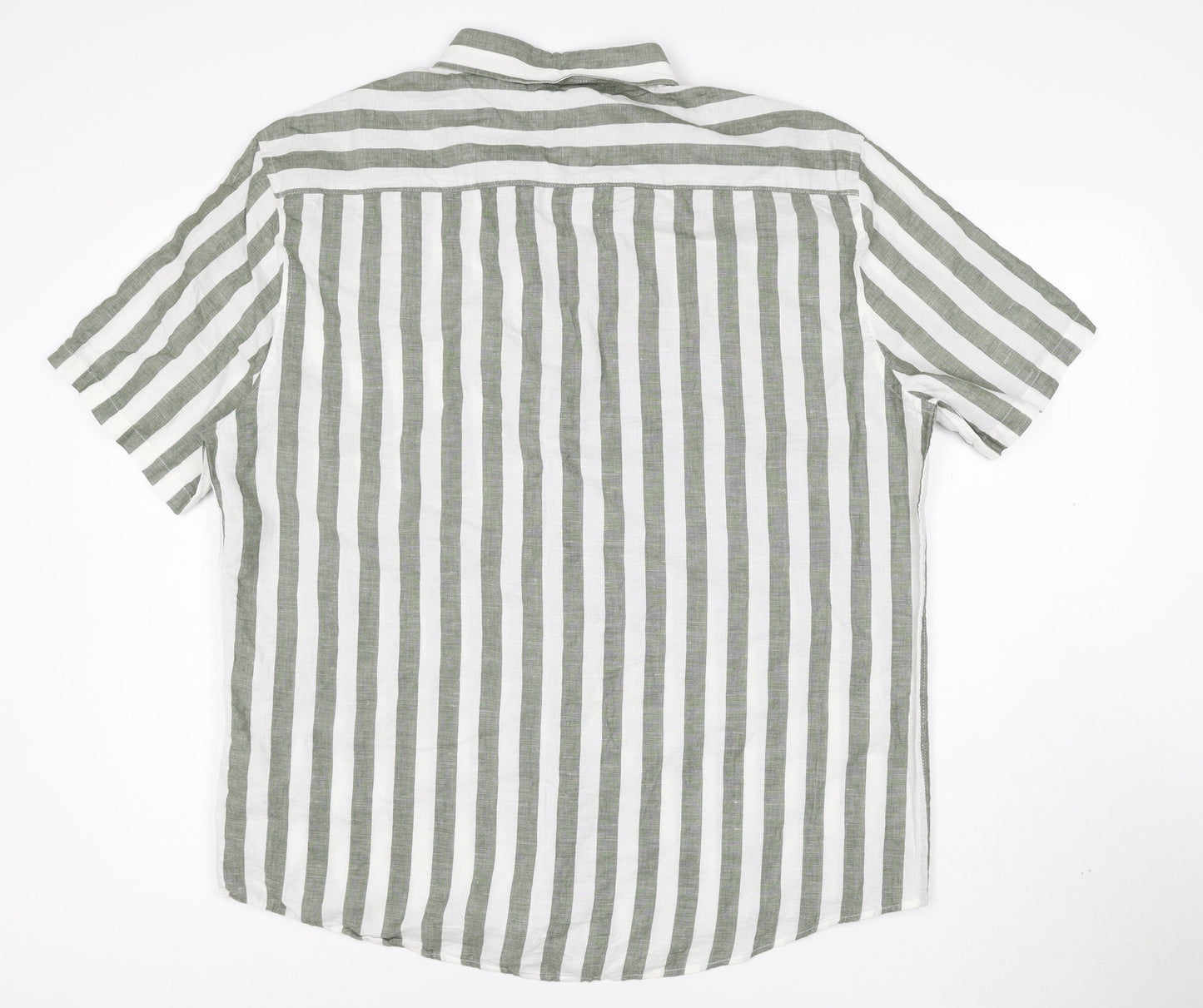 Marks and Spencer Men's Green Striped Linen Blend Short Sleeve Shirt XL
