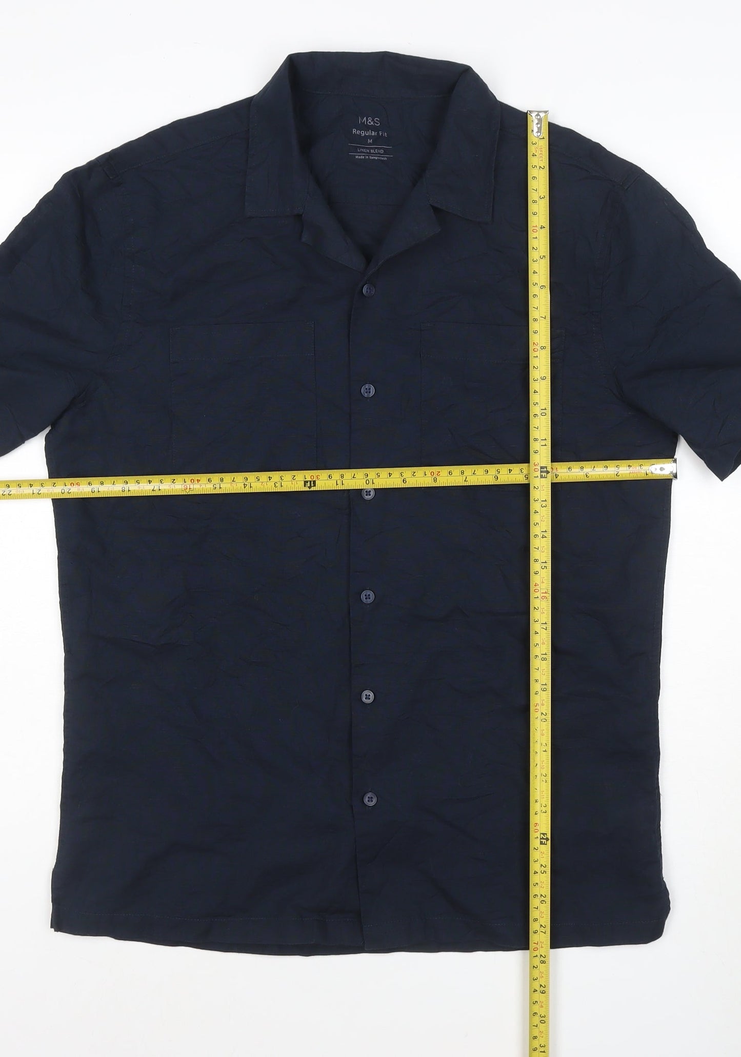 Marks and Spencer Men's Blue Linen Blend Regular Fit Short Sleeve Shirt M