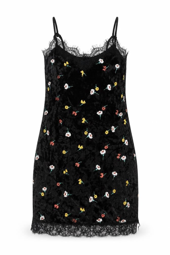 Front view of ASOS Women’s Black Floral Velvet Lace Slip Dress, size UK 6
