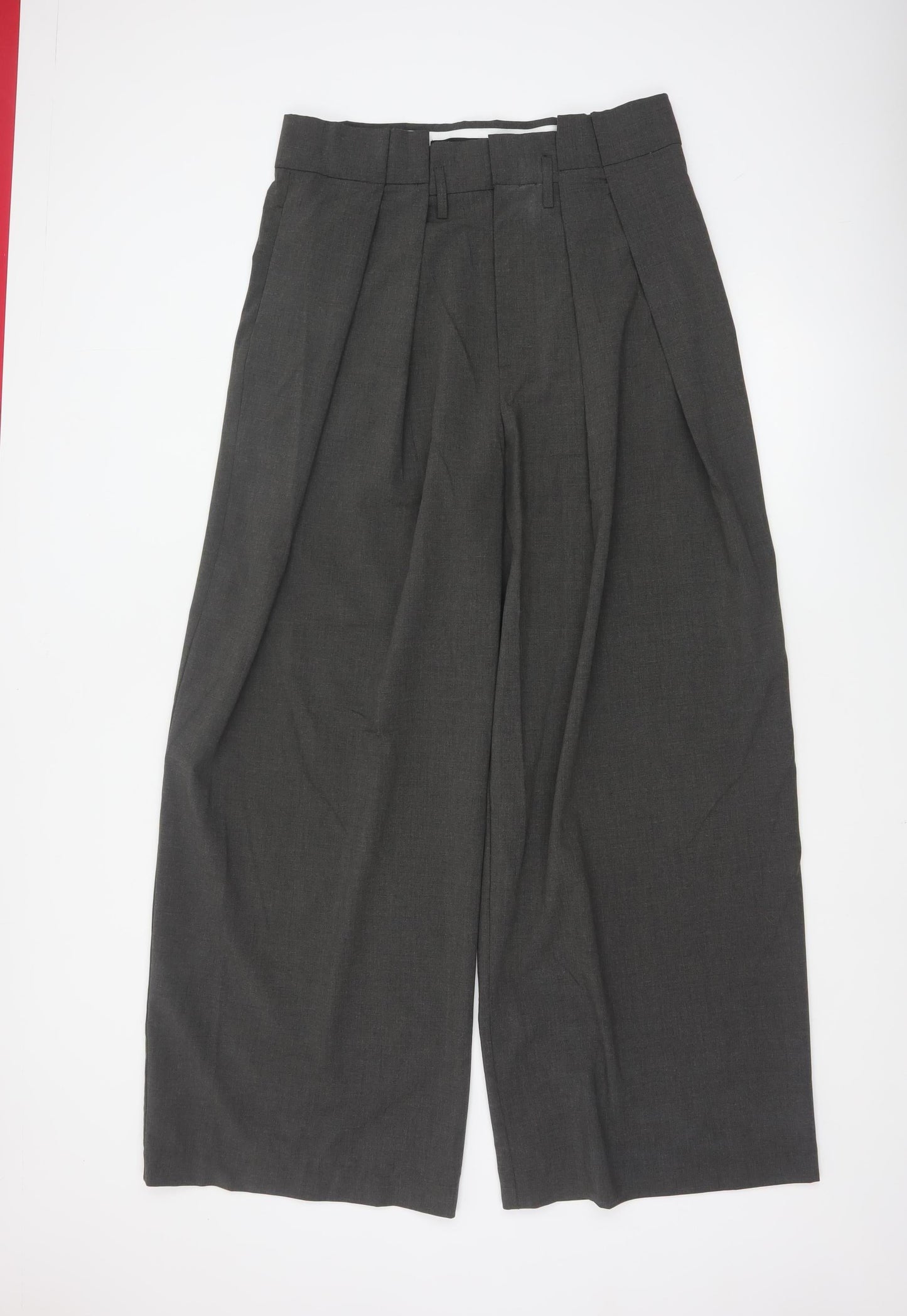Zara Women Grey Wide-Leg Pleated High-Rise Trousers Size 14