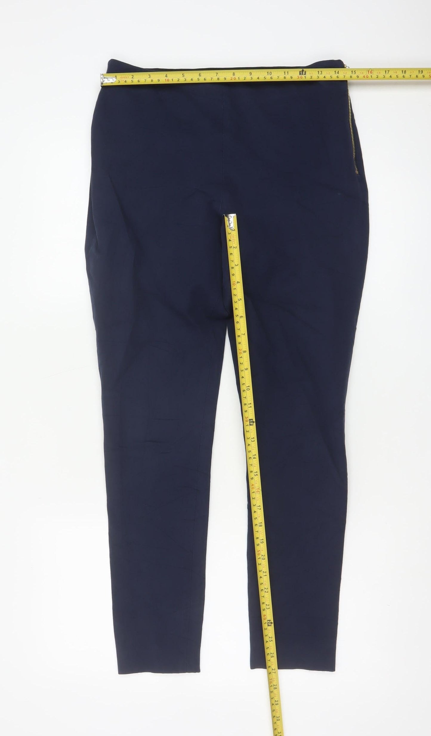 French Connection Women's Navy Blue Cotton Blend Slim Tapered Trousers Size 12