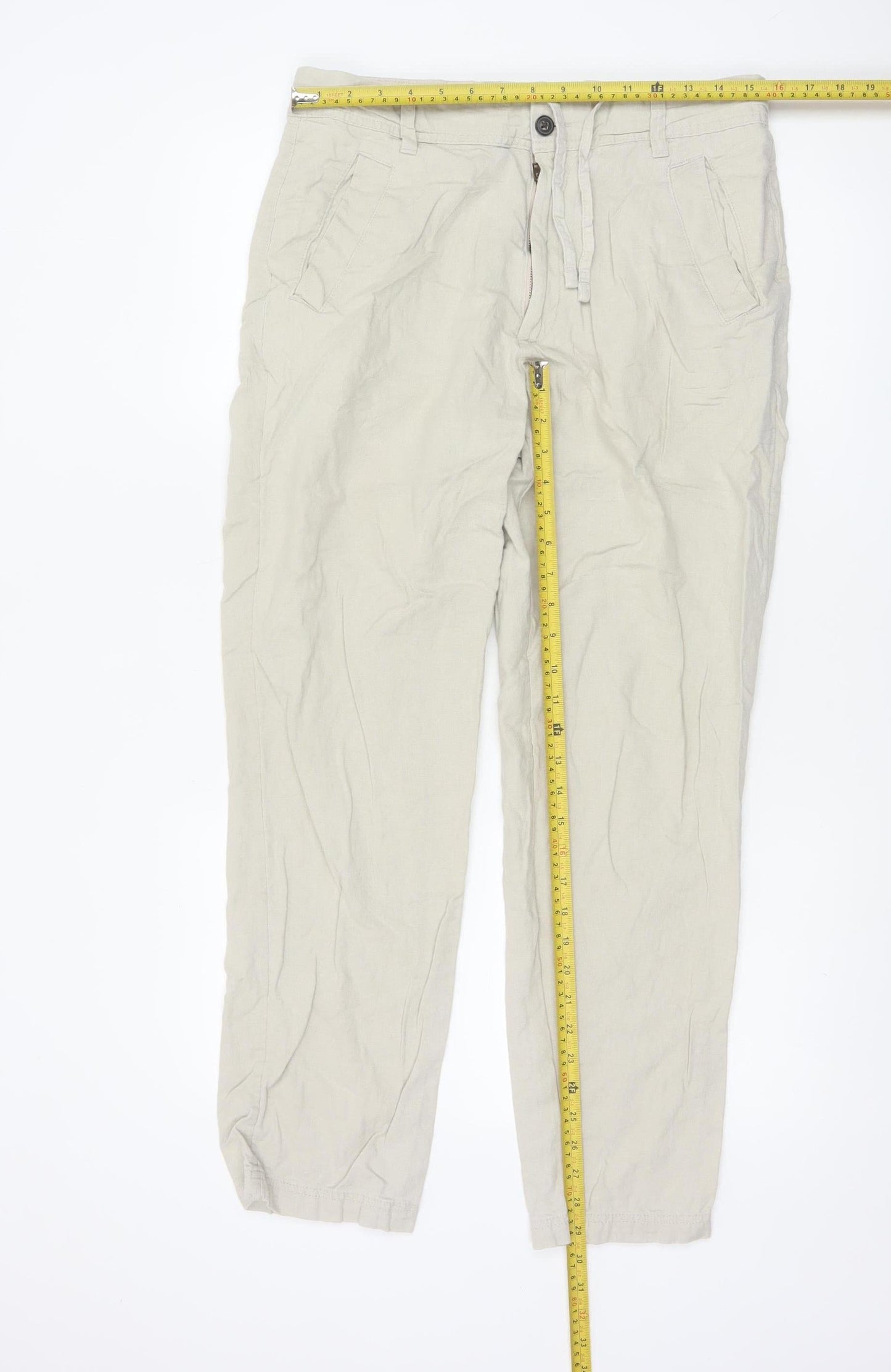 Marks and Spencer Men's Beige Linen Blend Chino Trousers 32W 31L Regular Fit