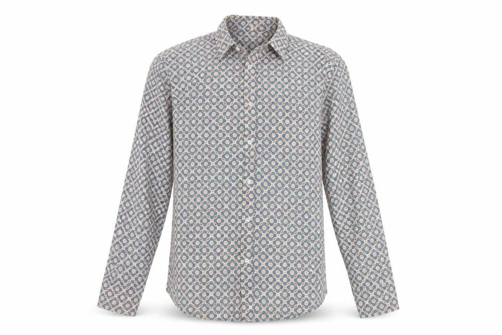 Frangipani Men's Blue Geometric Cotton Long Sleeve Casual Shirt L
