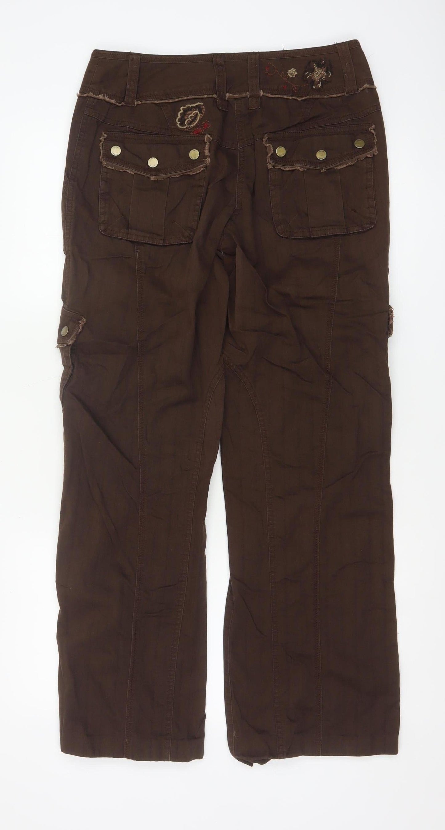Next Women Brown Embroidered Cargo Trousers UK 10 Long Cotton