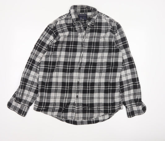 Lands' End Men's Black Plaid Flannel Button-Up Shirt Size M Regular Fit