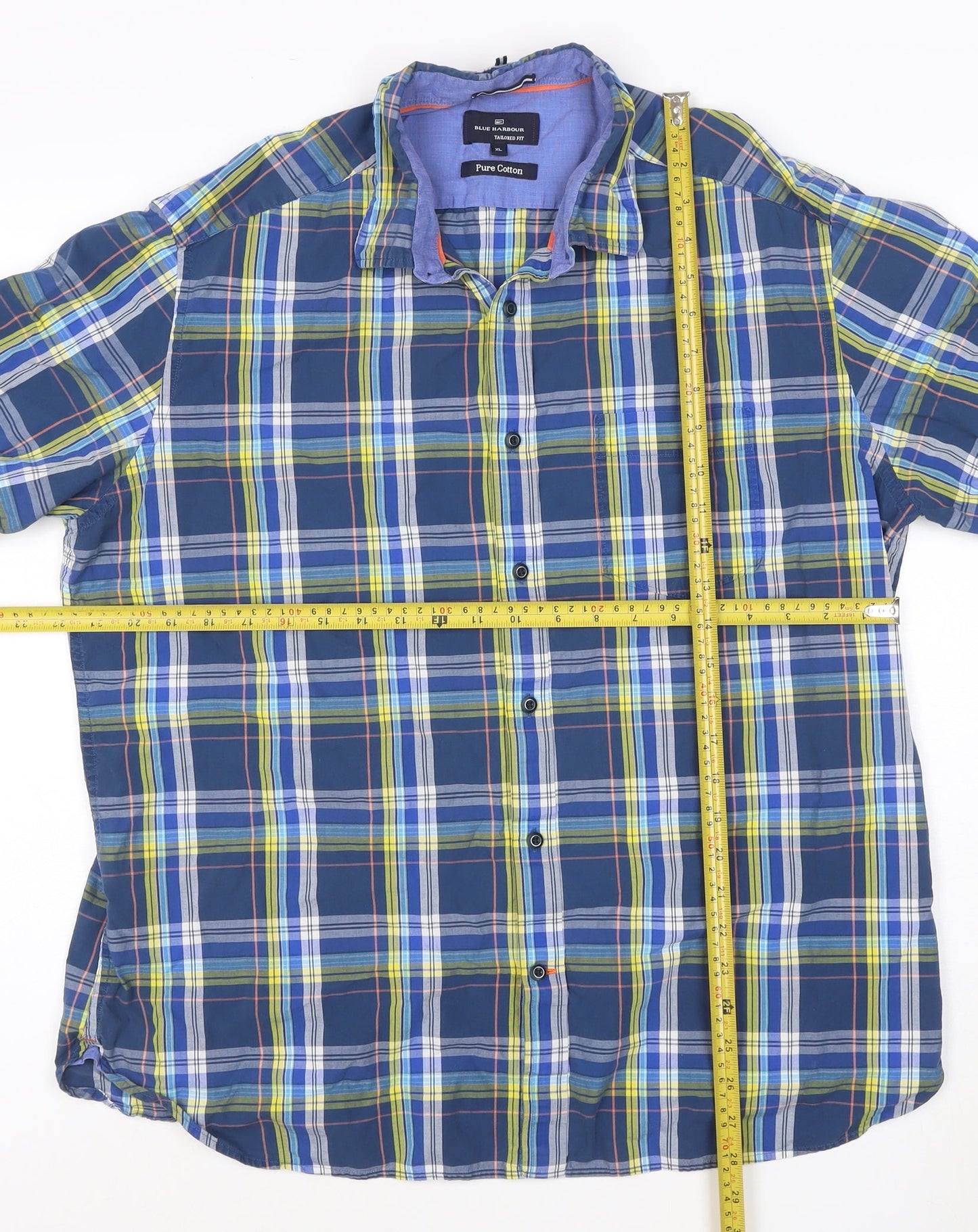 Marks and Spencer Blue Harbour Men's Blue Check Cotton Short Sleeve Shirt XL