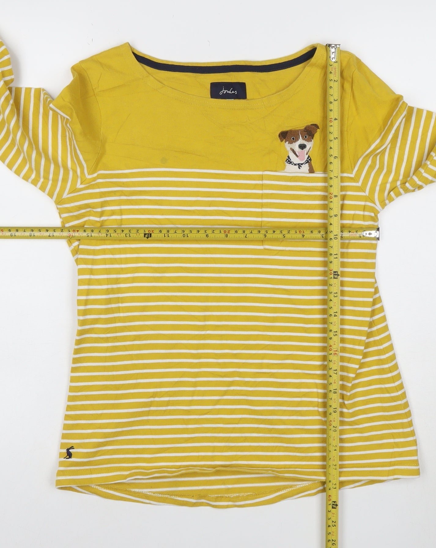 Joules Women’s Yellow Stripe Dog Embroidered Long Sleeve Cotton T-Shirt Size 10
