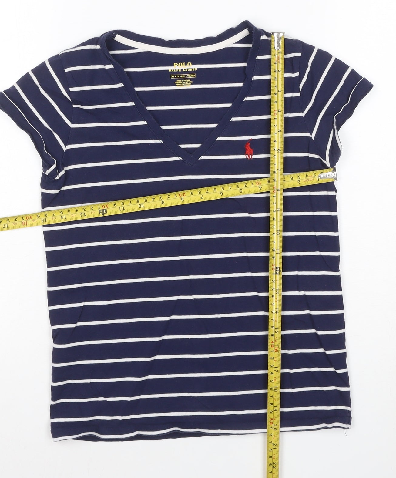 Ralph Lauren Women's Blue Striped V-Neck Cotton T-Shirt XS