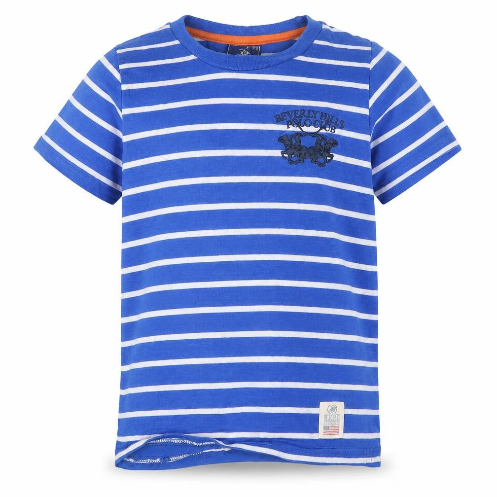 Front view of Beverly Hills Polo Club boys’ blue striped t-shirt 7-8 years short sleeve