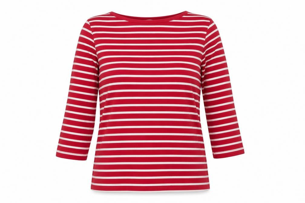 Cotton Traders Womens Red White Striped 3/4 Sleeve Cotton T-Shirt UK 10