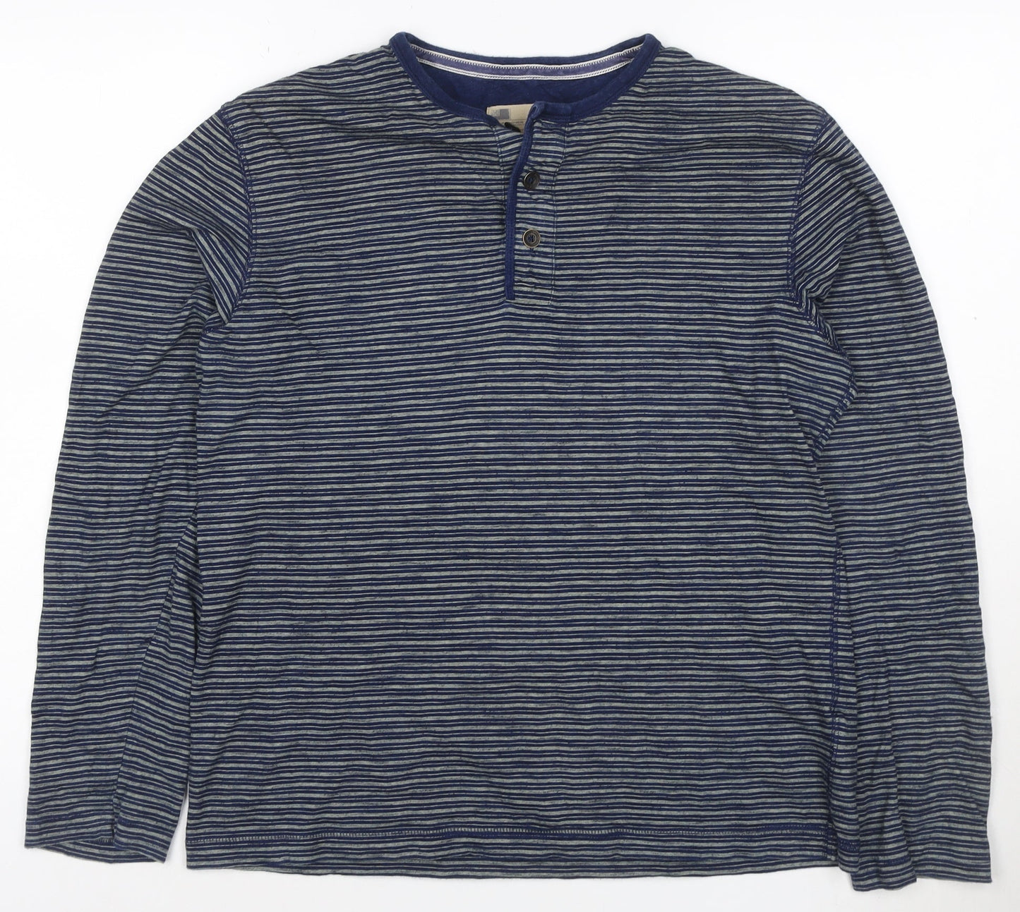 Marks and Spencer Men's Blue Striped Long Sleeve Henley T-Shirt Medium