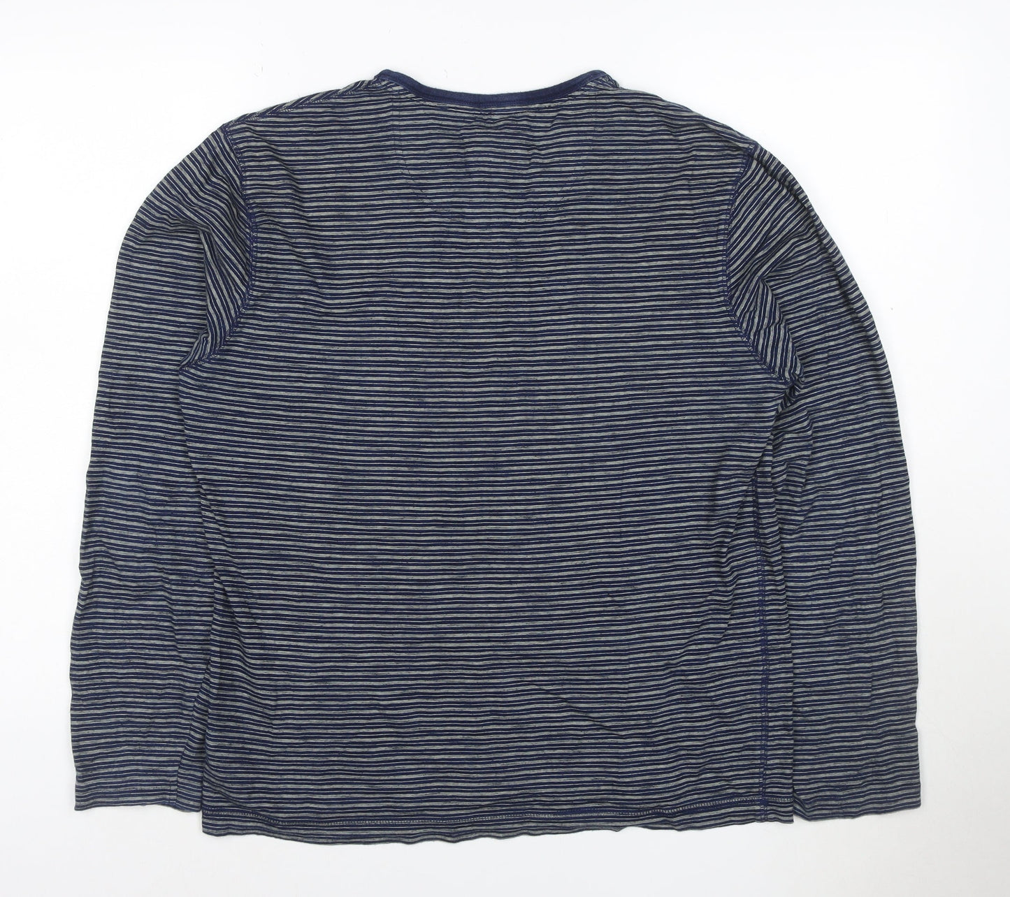 Marks and Spencer Men's Blue Striped Long Sleeve Henley T-Shirt Medium