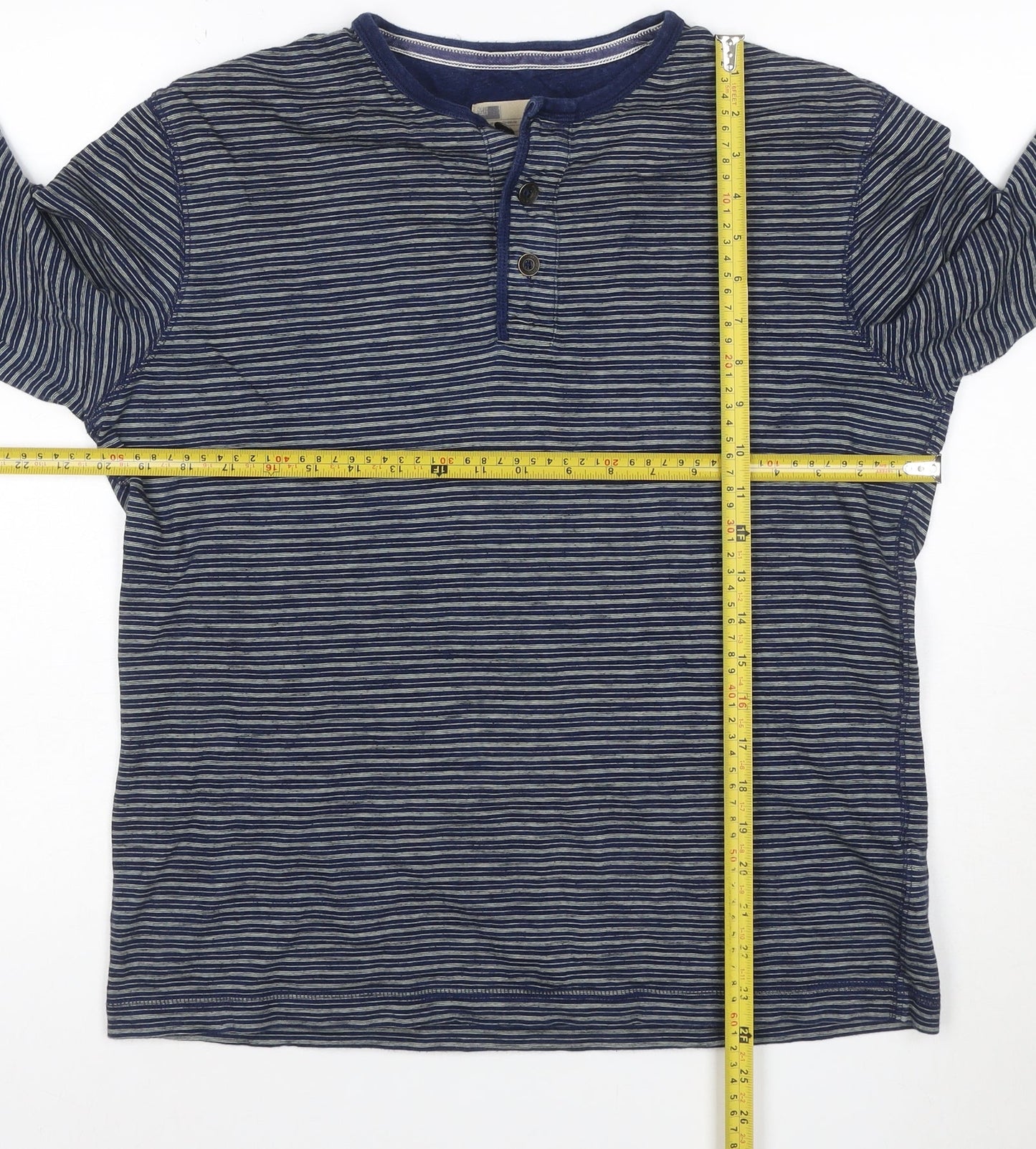 Marks and Spencer Men's Blue Striped Long Sleeve Henley T-Shirt Medium
