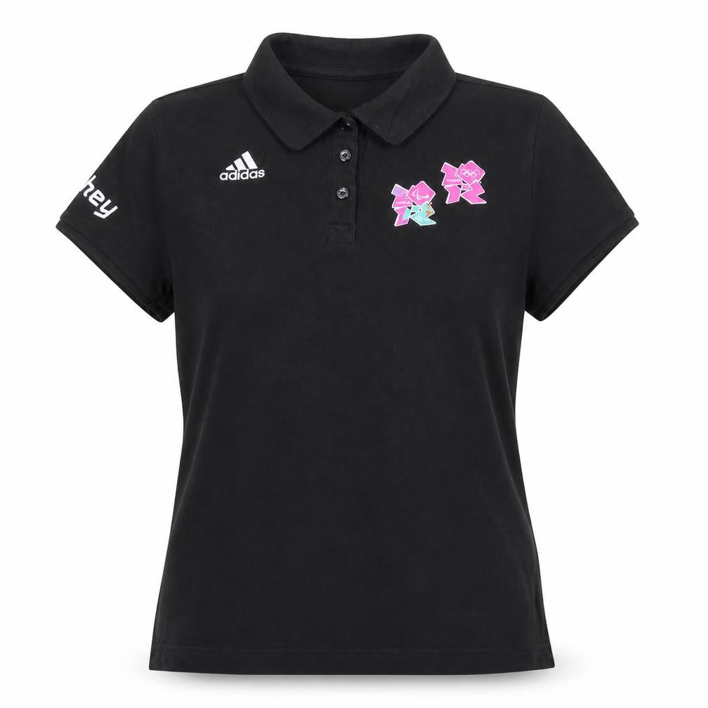 Front view of Adidas Women Black London 2012 Polo Shirt, size 14, Short Sleeve Cotton