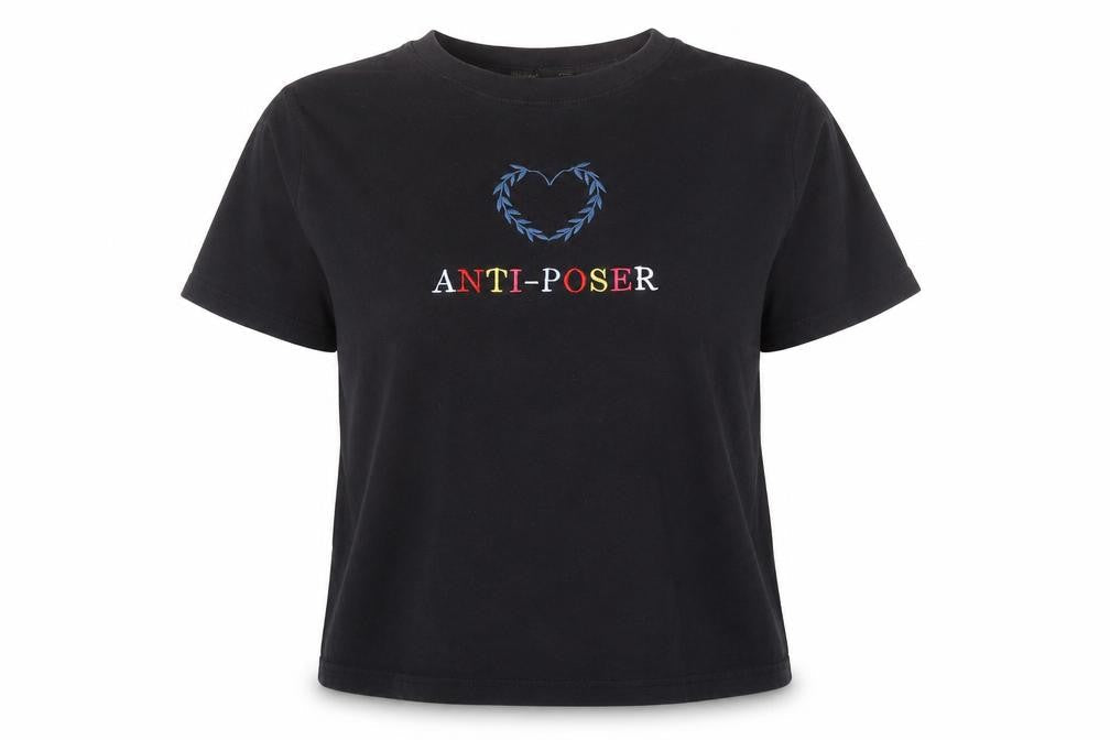 Pull&Bear Women Black Anti-Poser Embroidered Cotton T-Shirt S