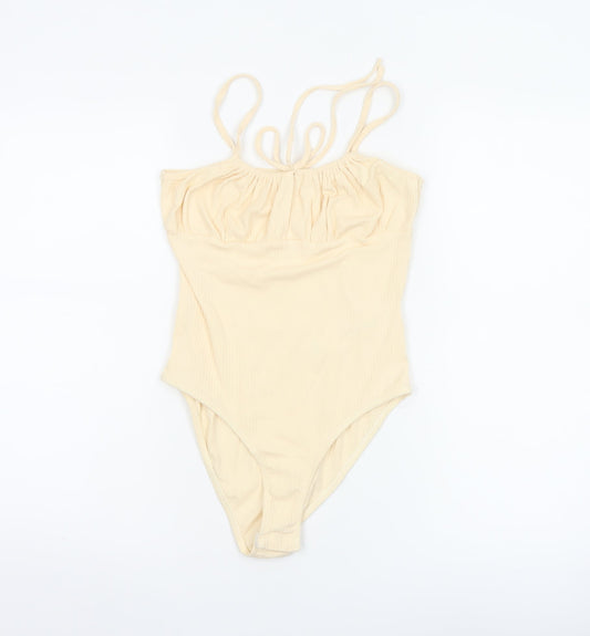 Miss Selfridge Women Beige Cotton Stretch Bodysuit UK 10