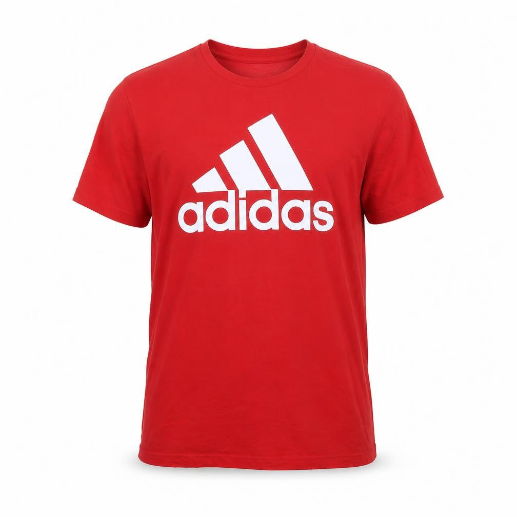 Front view of Adidas Men's Red Cotton Graphic Logo T-Shirt M Regular Fit Crew Neck