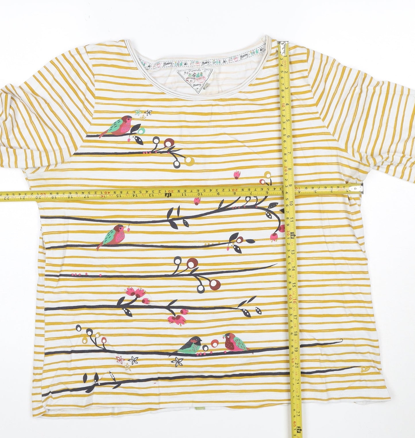 Mantaray Womens Yellow White Striped Bird Print Cotton Button Top Size 16