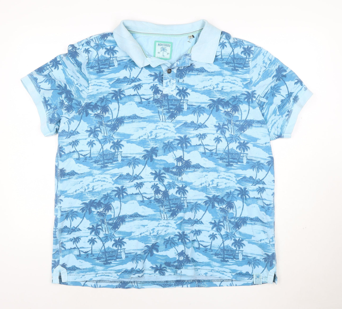 Mantaray Men’s Blue Tropical Print Short Sleeve Polo Shirt XL