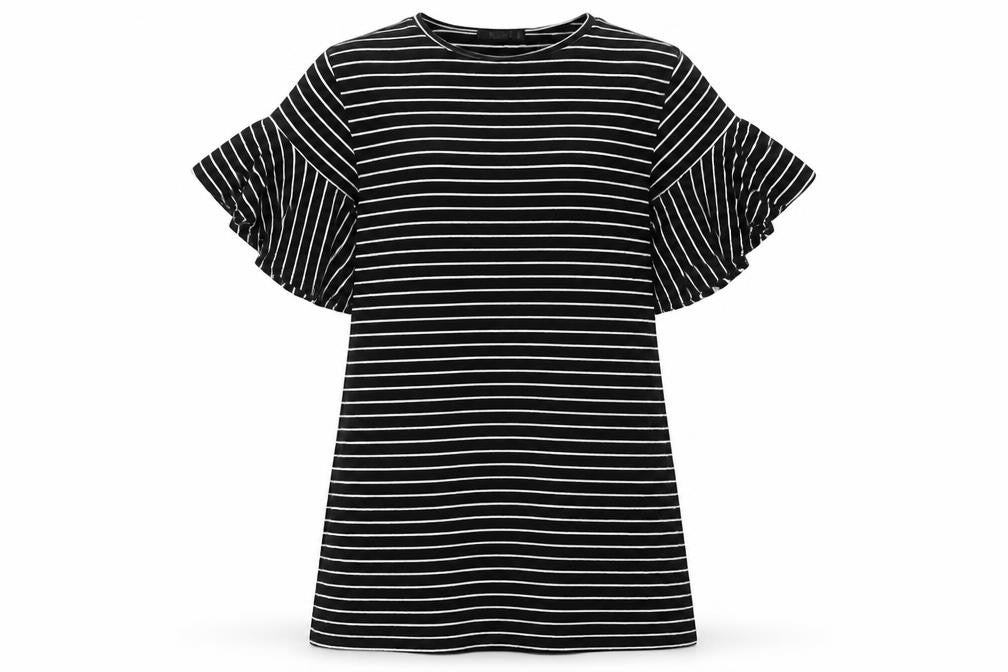 Front view of Missguided Women Black White Stripe T-Shirt Dress UK 8 Flared Sleeve