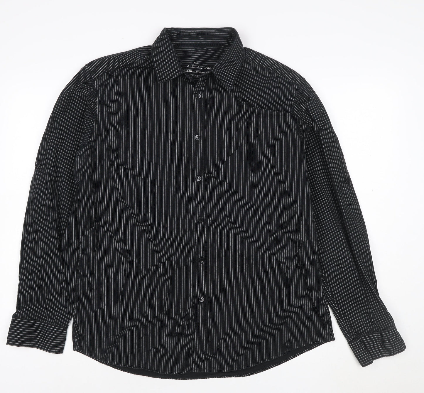 Next Men's Black Pinstripe Cotton Long Sleeve Button-Up Shirt Large