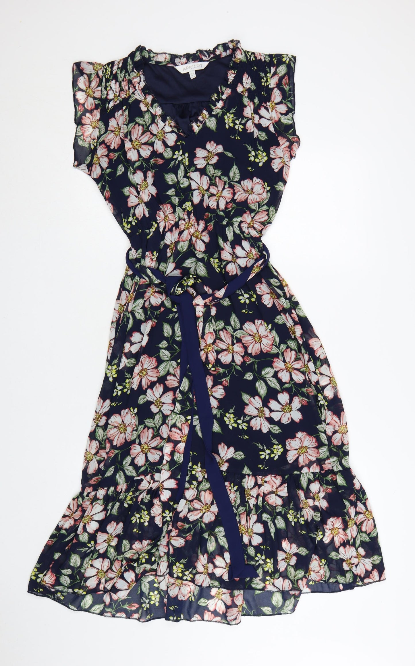 Apricot Women Blue Floral Belted Wrap Dress Size 10 Short Sleeve