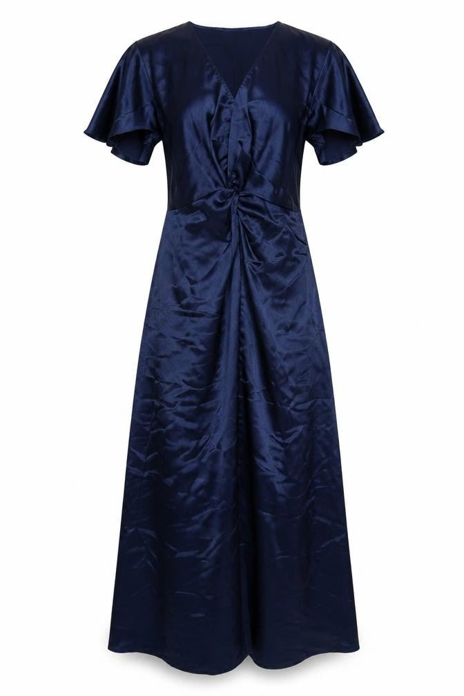 VILA Women Blue Size 10 Long Satin Wrap Dress Short Sleeve