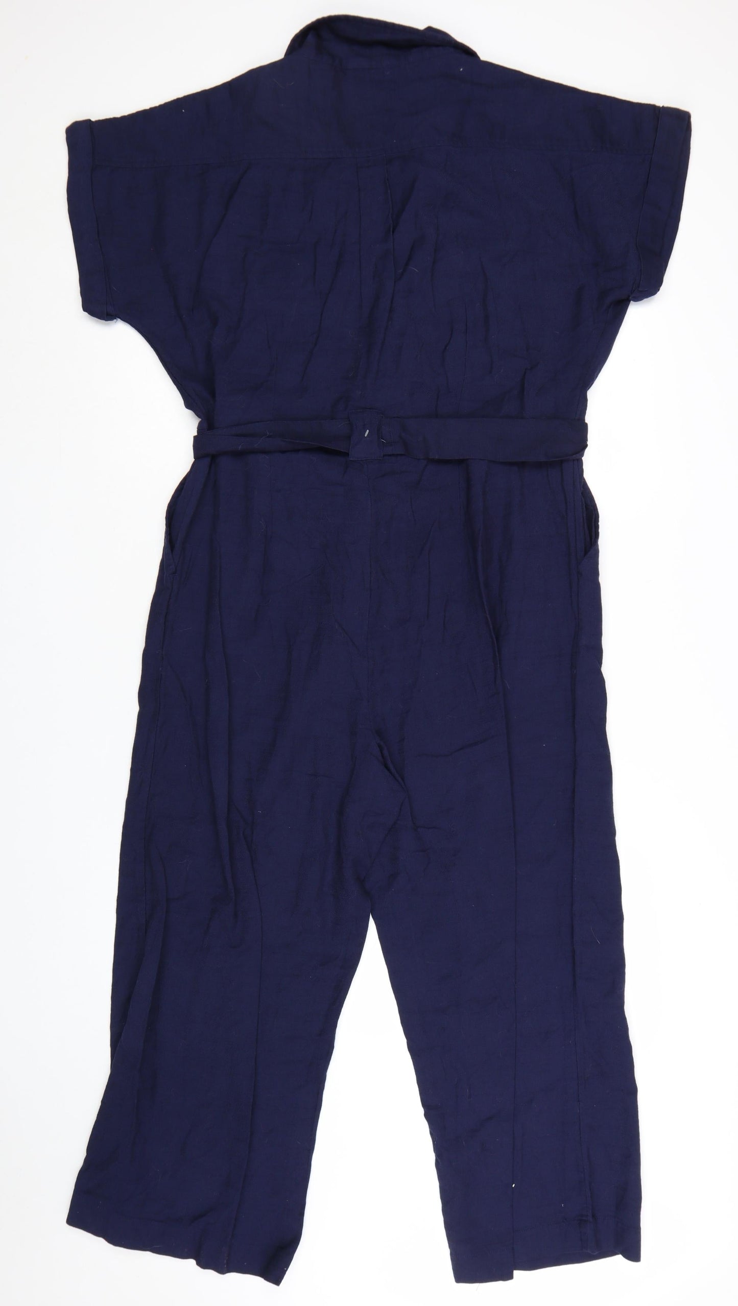 New Look Women's Blue Cotton Collared Belted Short Sleeve Jumpsuit Size 14