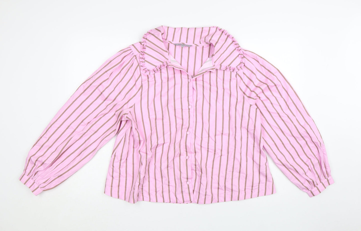 Oliver Bonas Women’s Pink Striped Ruffle Collar Cotton Blouse UK 14