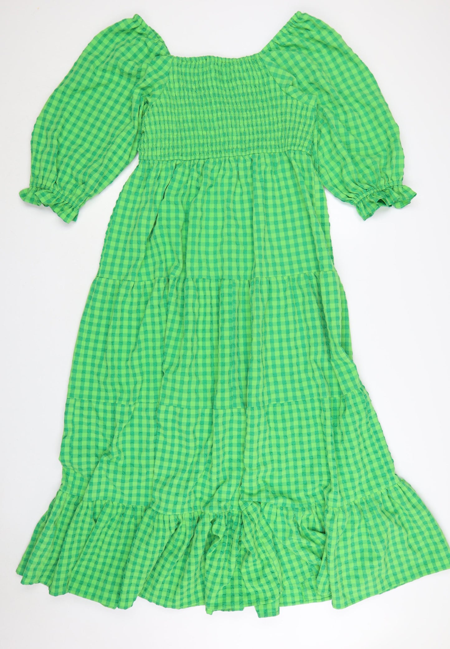 Boohoo Women Green Check Maxi Dress Size 18 Off Shoulder Ruffle