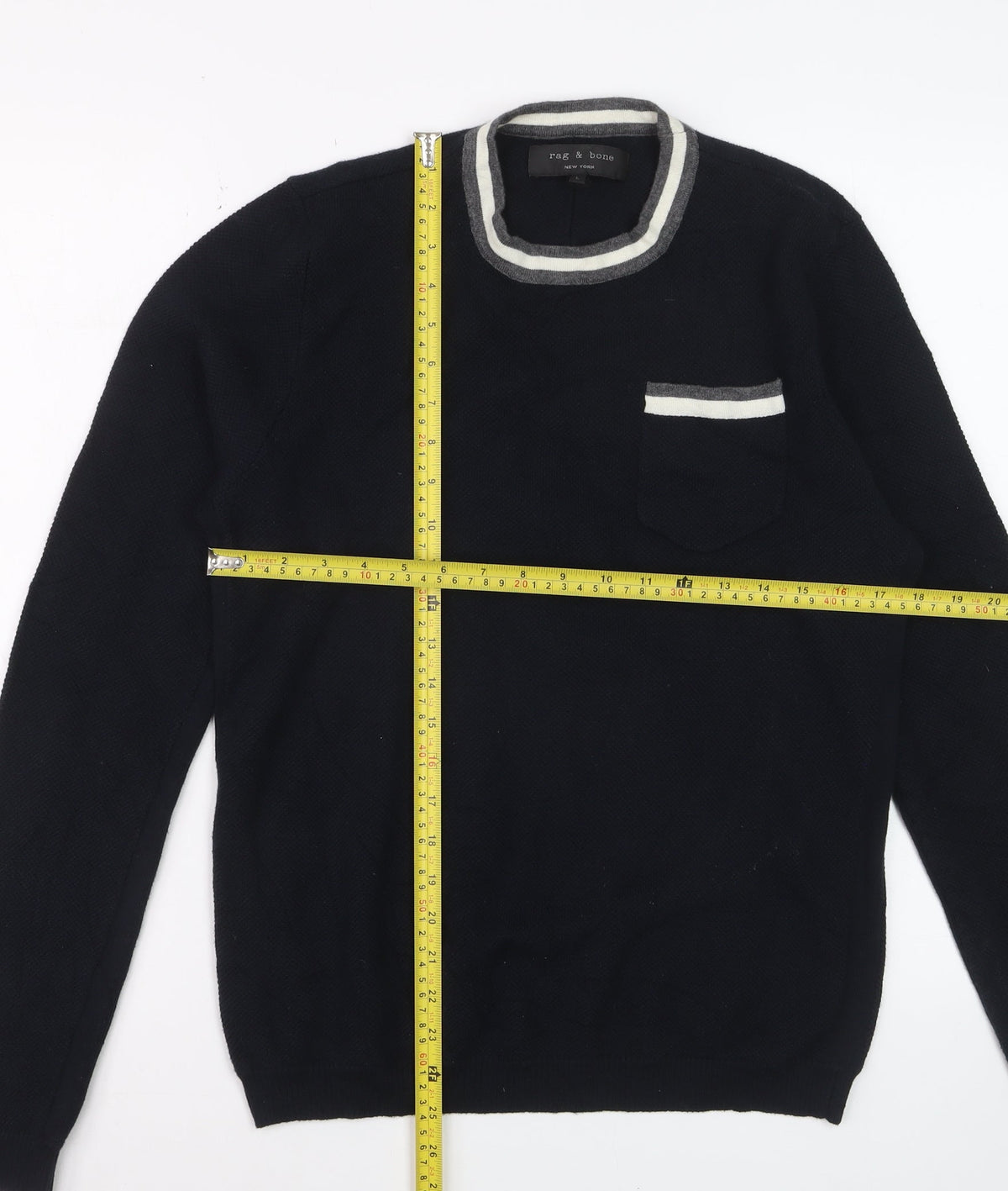 Close-up detail of Rag & Bone Men's Black Knit Crew Neck jumper, size L