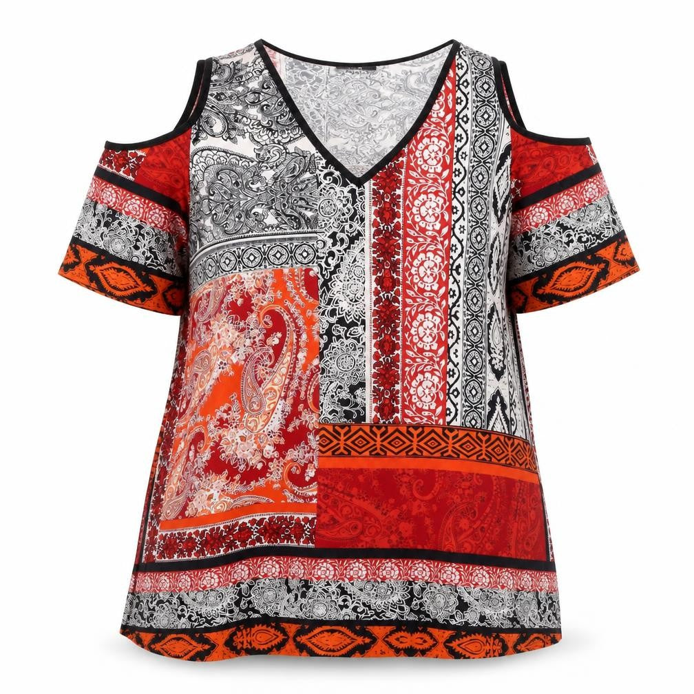 Wallis Womens Red Black Paisley Cold Shoulder V-Neck Top Size L