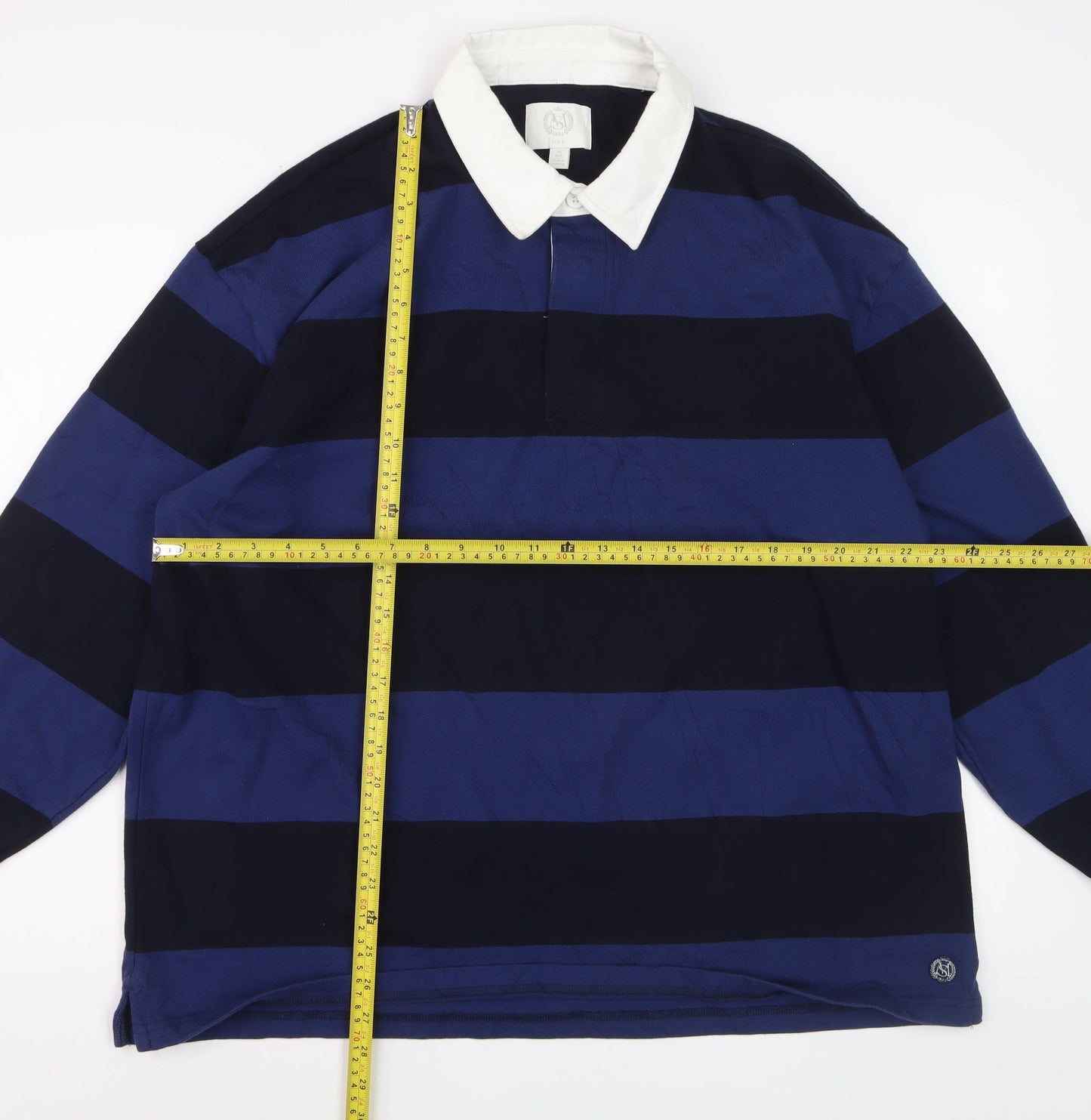 Marks and Spencer Men's Blue Striped Long Sleeve Polo XL Regular Cotton Blend