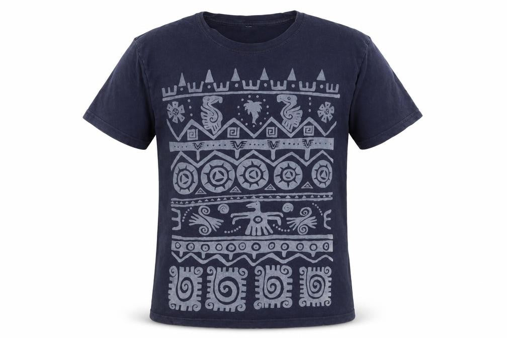 me&yu Mens Blue Aztec Graphic Handprinted Cotton T-Shirt M