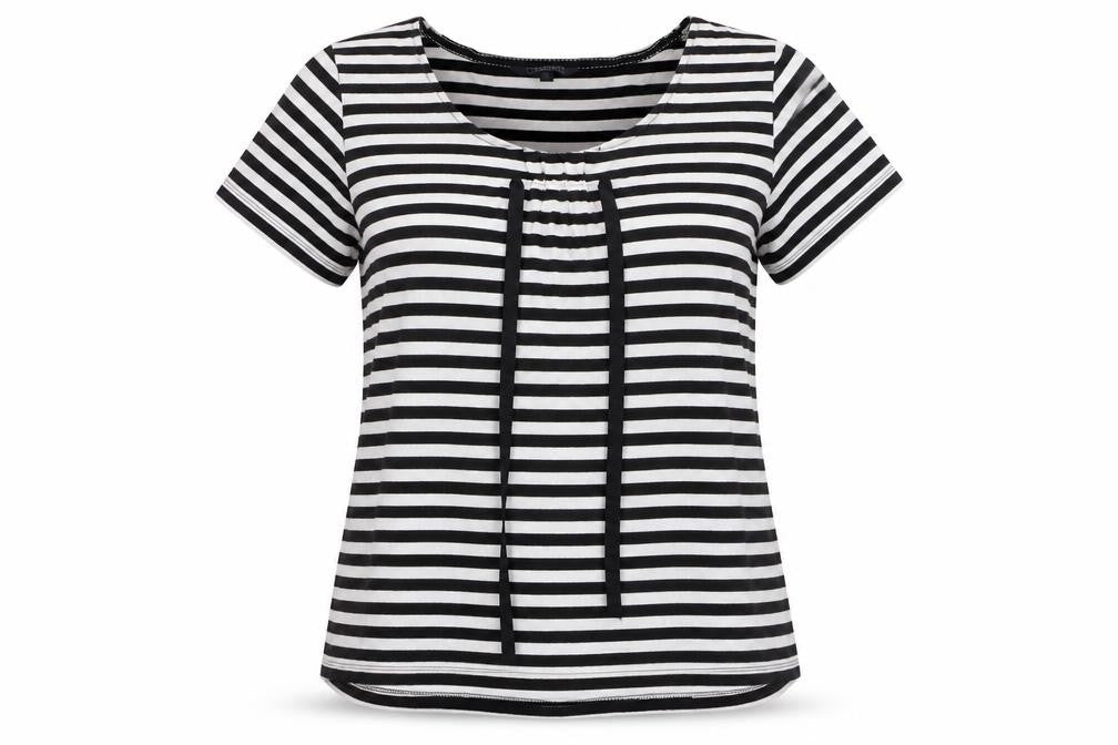 Front view of Maine New England Women’s Black White Striped Cotton T-Shirt, size UK 16